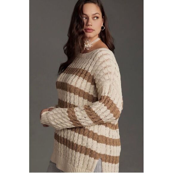 NEW Anthropologie Pilcro Camel Longline Stitch Striped Tunic Knit Sweater Small - Picture 6 of 8